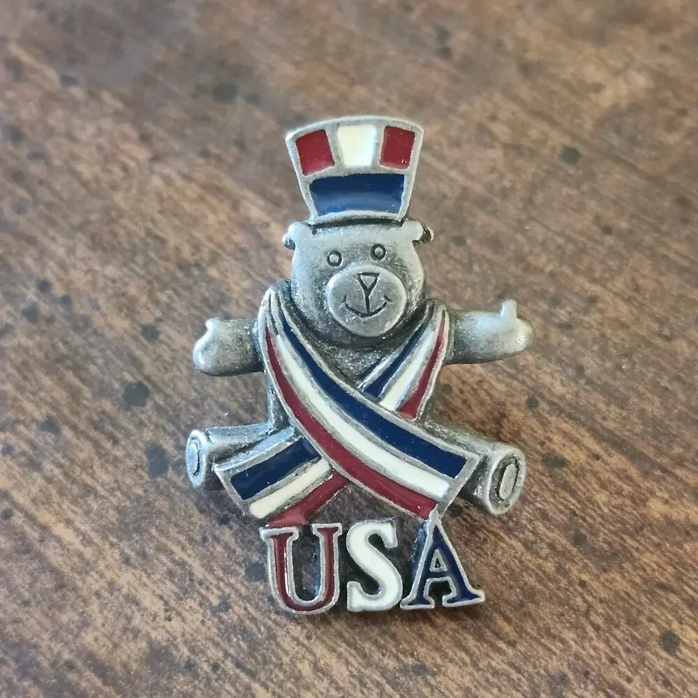 Vintage Ballet Pewter USA Teddy Bear Patriotic Enamel Ribbon Lapel Pin Brooch
